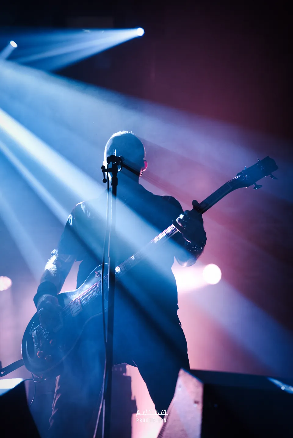 Guitariste en contre-jour traversé par des faisceaux de lumière bleue lors d'un concert